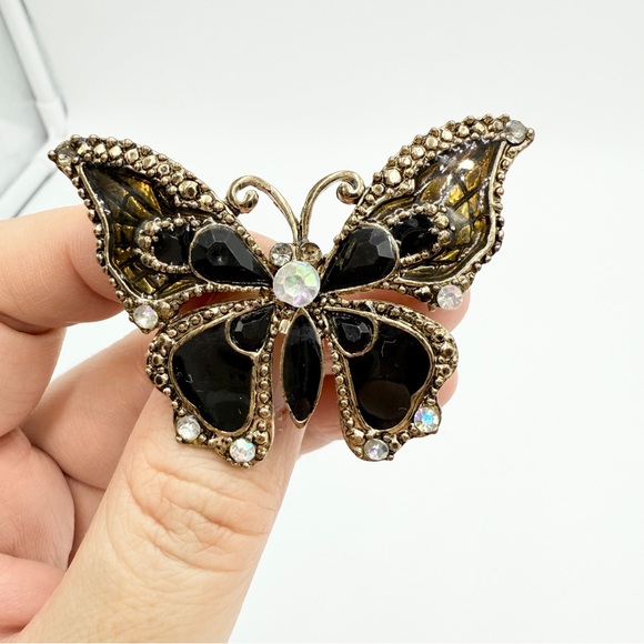 Statement Butterfly Brooch with Black Enamel and Sparkling Rhinestones - Picture 3 of 8